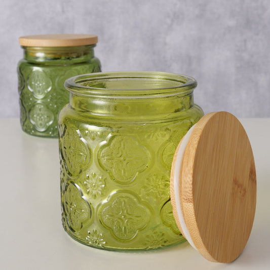 Voorraadpot Imola 500 ml dia10x11cm glas gelakt met bamboe deksel groen