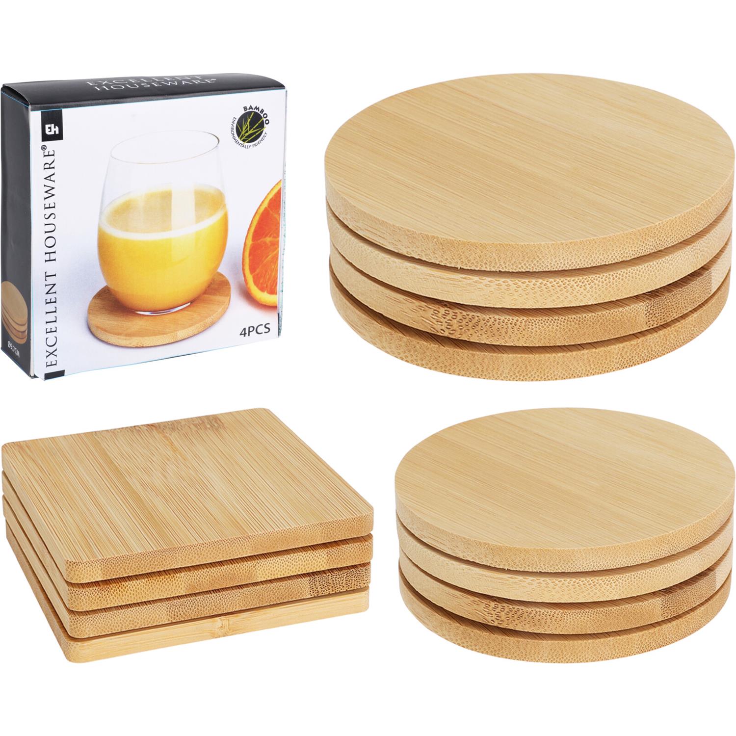 4 delig Onderzetterset van bamboe, rond of vierkant