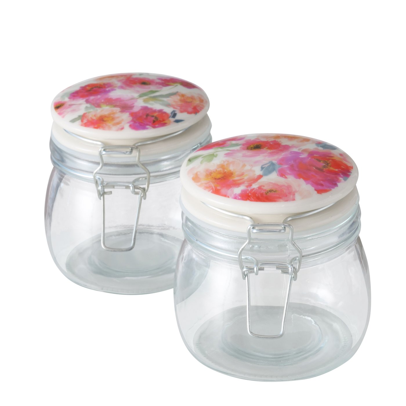 Voorraadpot glas Karella met deksel keramiek met daarop afbeelding van bloemen- 450ml - H11cm- Dia 11cm
