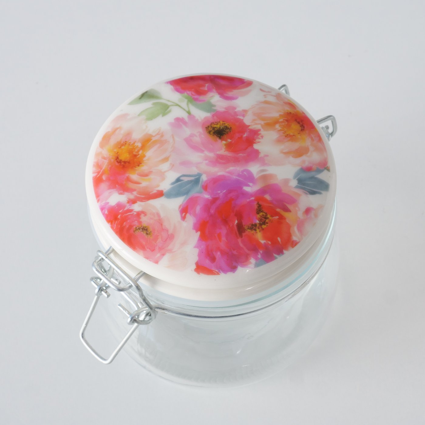 Voorraadpot glas Karella met deksel keramiek met daarop afbeelding van bloemen- 450ml - H11cm- Dia 11cm