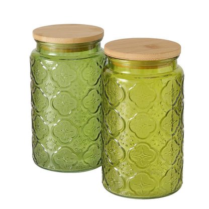 Voorraadpot Imola 1000ml dia10x17cm glas gelakt met bamboe deksel  groen