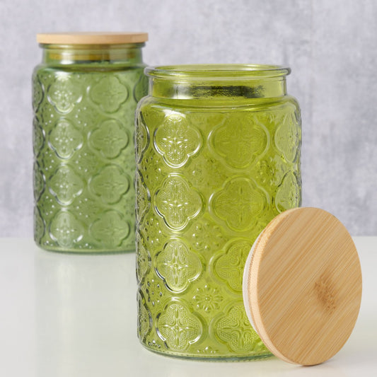 Voorraadpot Imola 1000ml dia10x17cm glas gelakt met bamboe deksel  groen