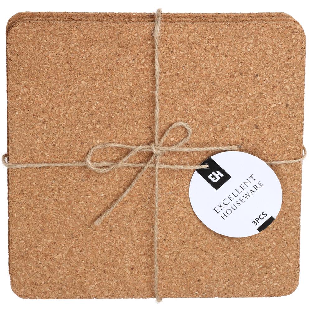 Onderzetters kurk vierkant set a 3 stuks 19,5x19,5cm